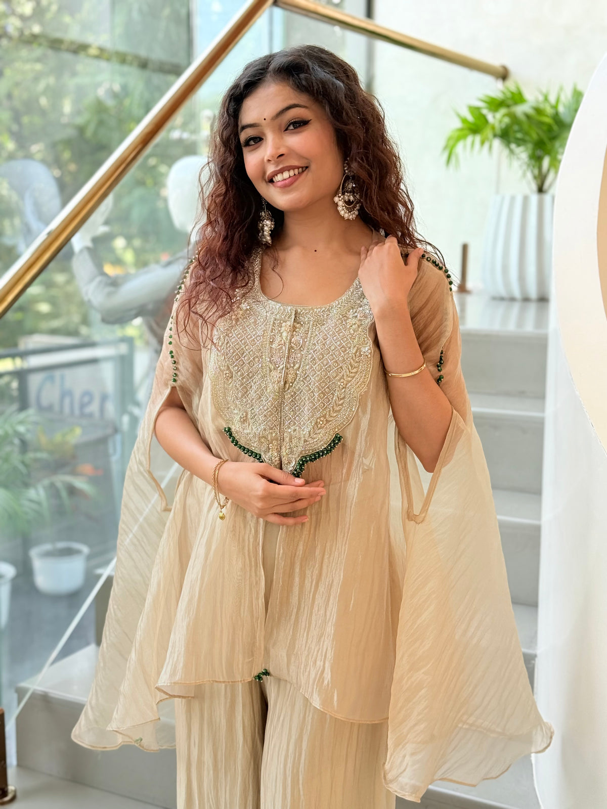 cape-style Indo-Western kaftan set with matching wide-leg palazzo