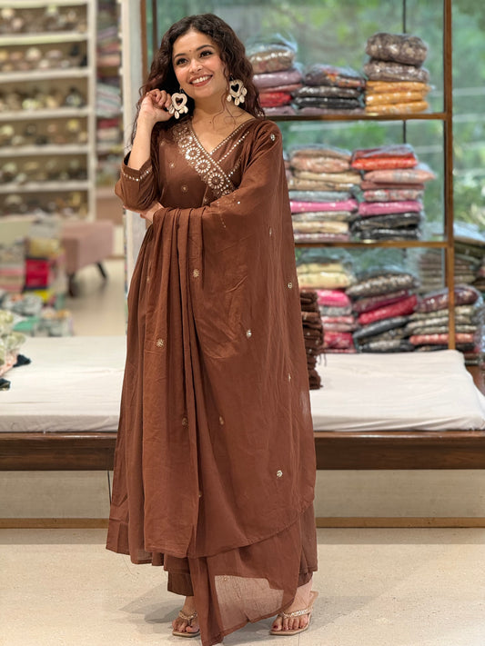 Chocolate Elegance Anarkali movha bloom suit 3 piece set suit