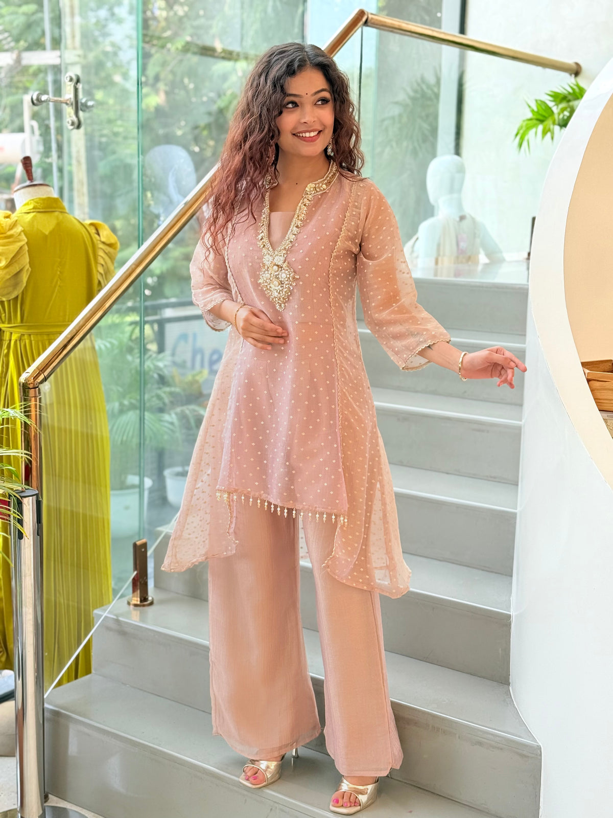 Peach Embroidered Asymmetric Kurta Palazzo Set ✨