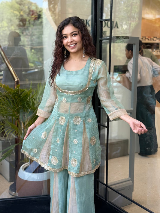 green and gold embroidered kurta with sharara set 3 piece set
