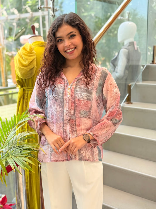 Printed front button chiffon top