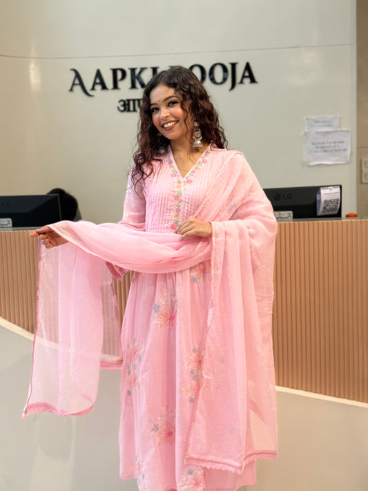 Pink A - line 3piece set suit v nack