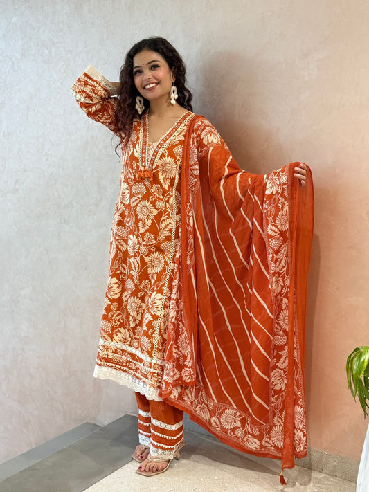 Rust colour V Nayak white thread mirror work 3 piece cotton set 