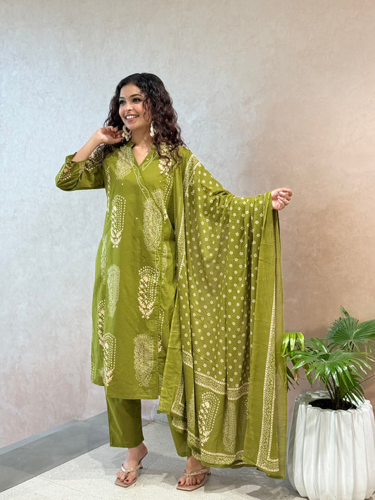 Green thread detail, Unique cotton suit 3 piece set 