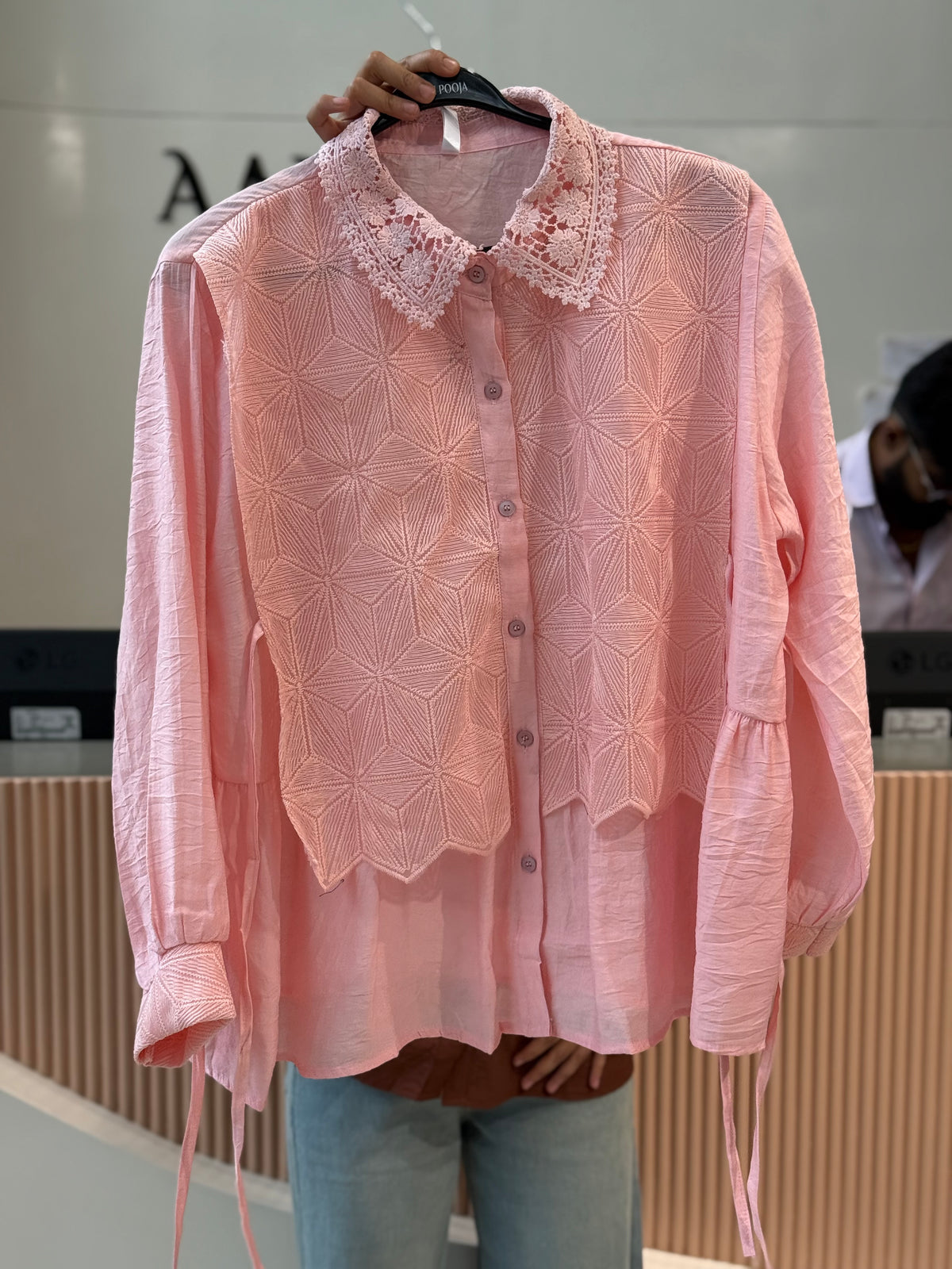 Blue floral lace patchwork shirt