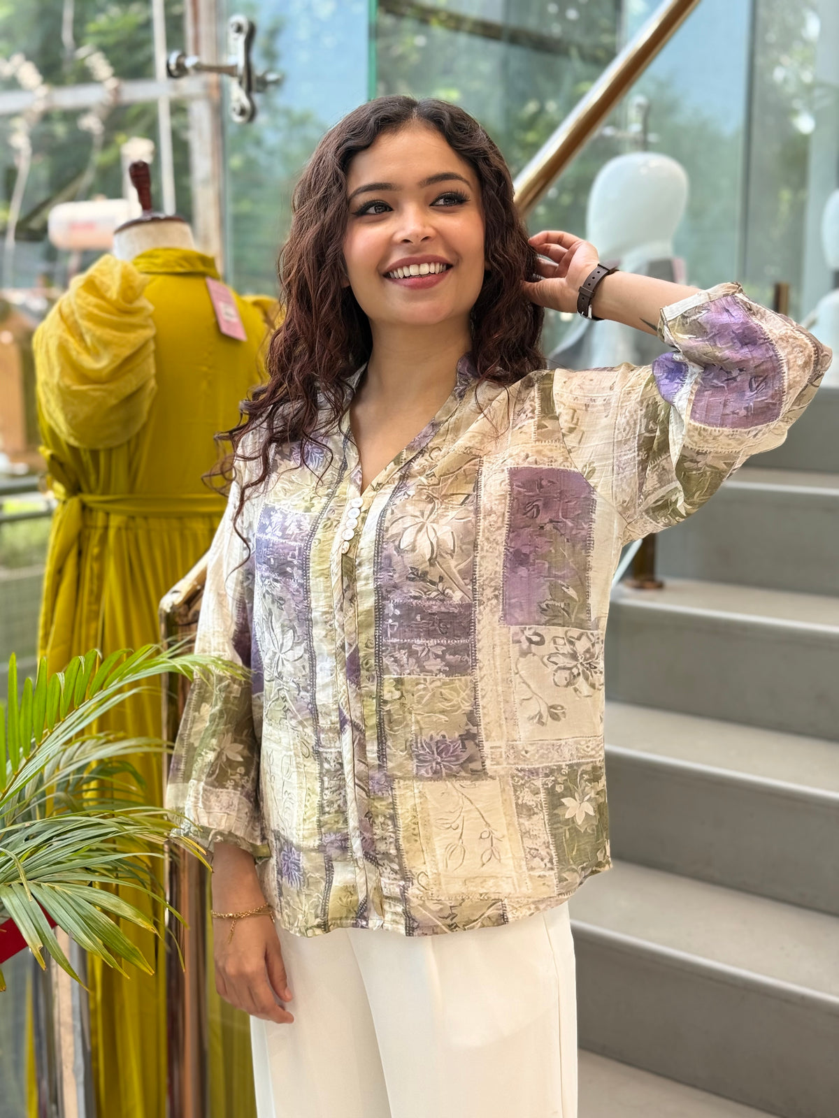 Printed front button chiffon top