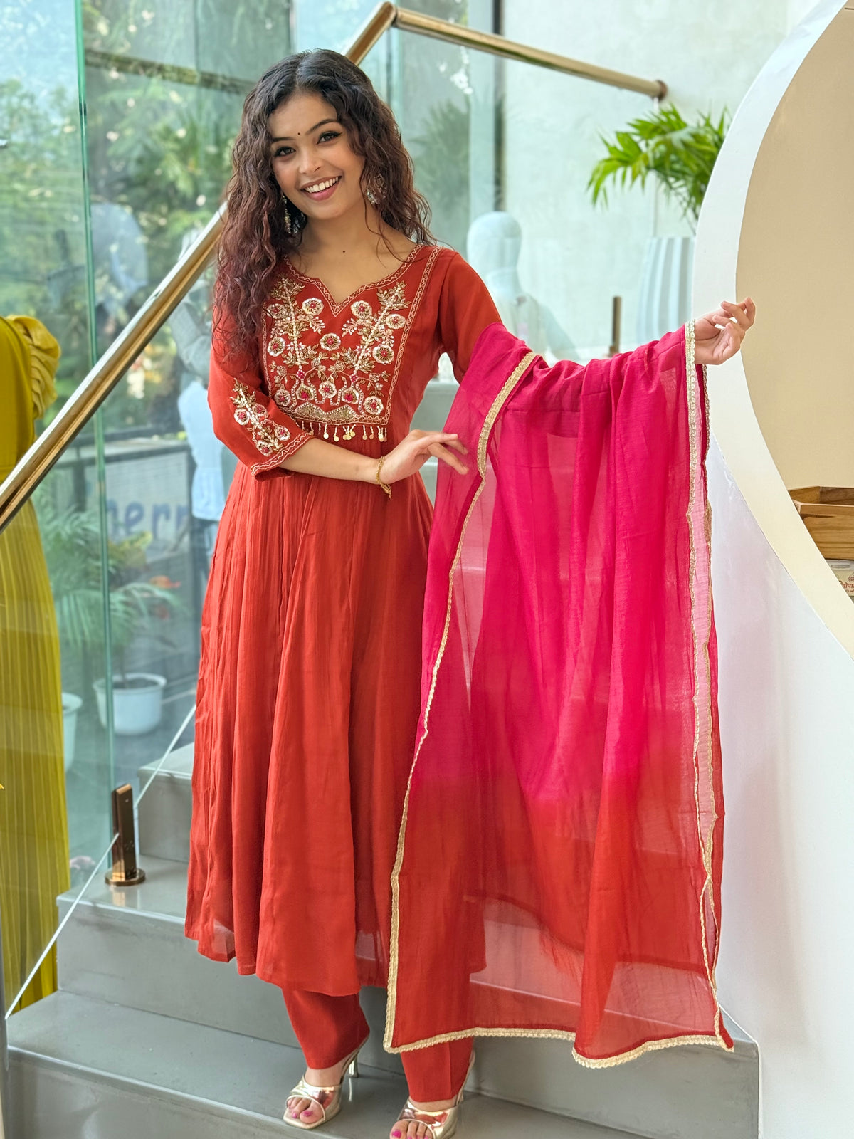 floral thread and bead embroidery along the V-neck 3 piece set