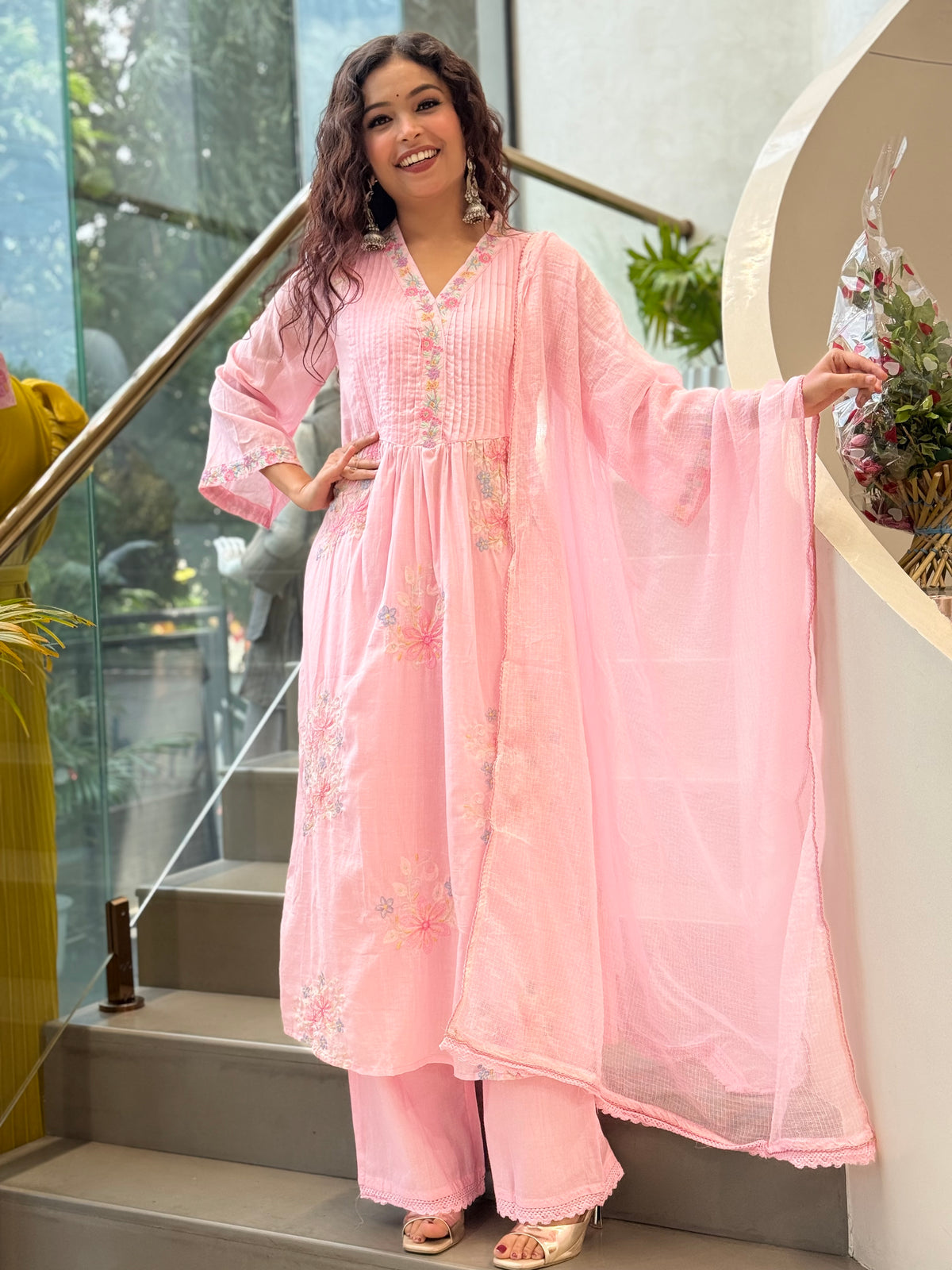 Pink A - line 3piece set suit v nack