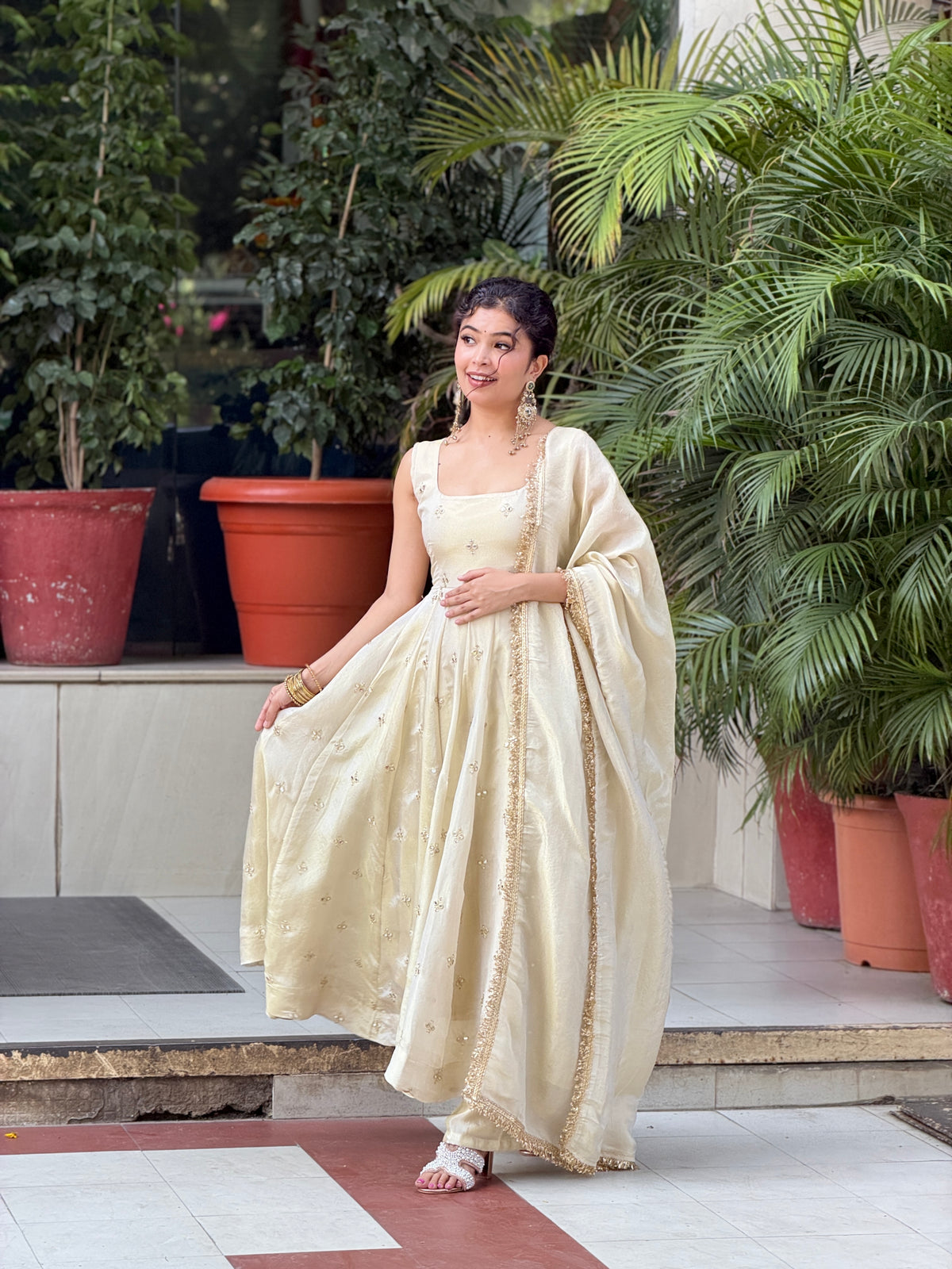 Off white anarkali suit set