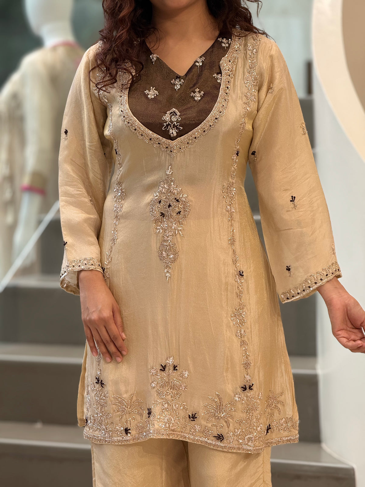 Beige Handwork Three Piece Kurta Palazzo Set