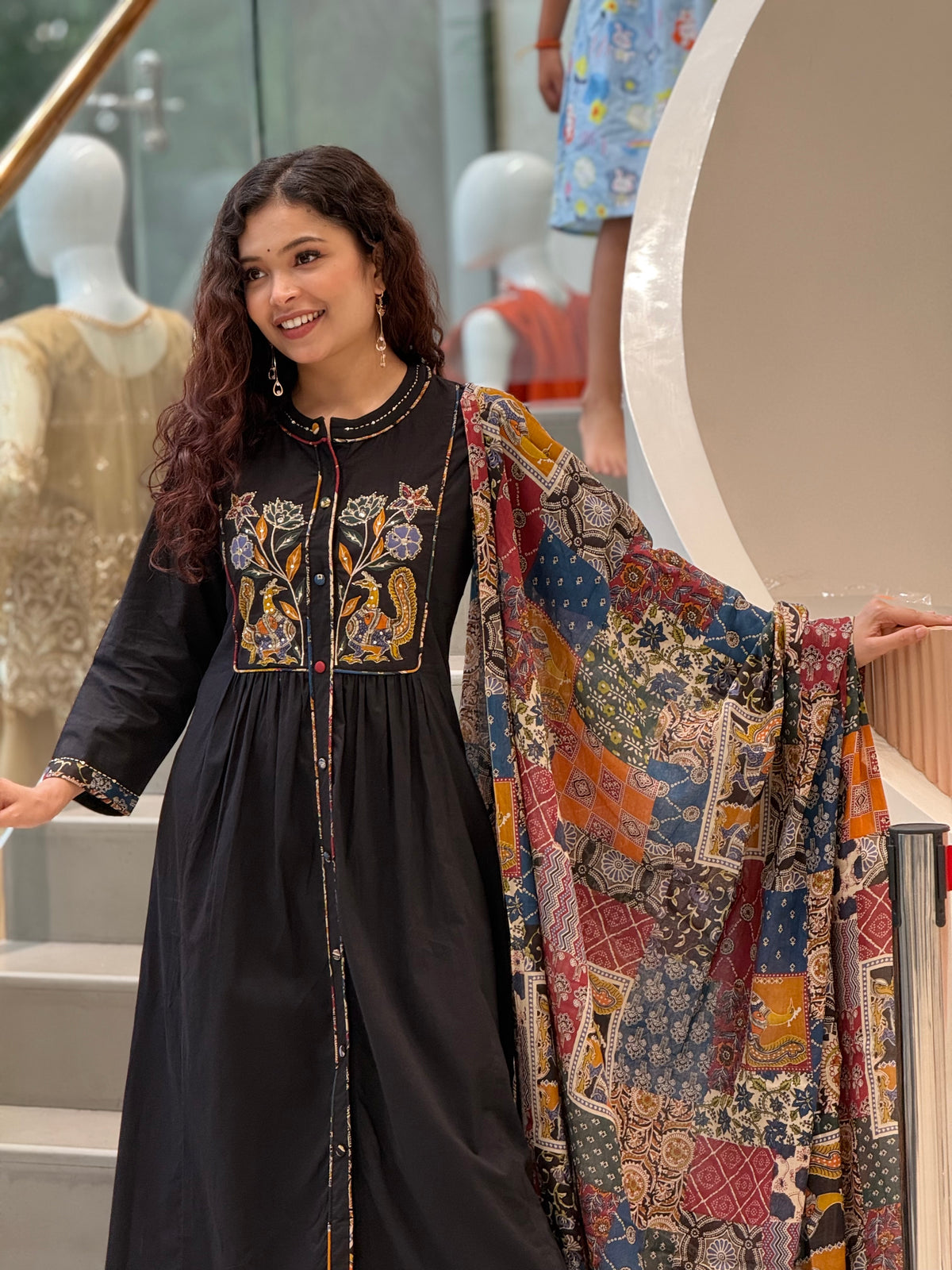 Midnight Black cotton Embroidered Kurta Set with Printed Dupatta