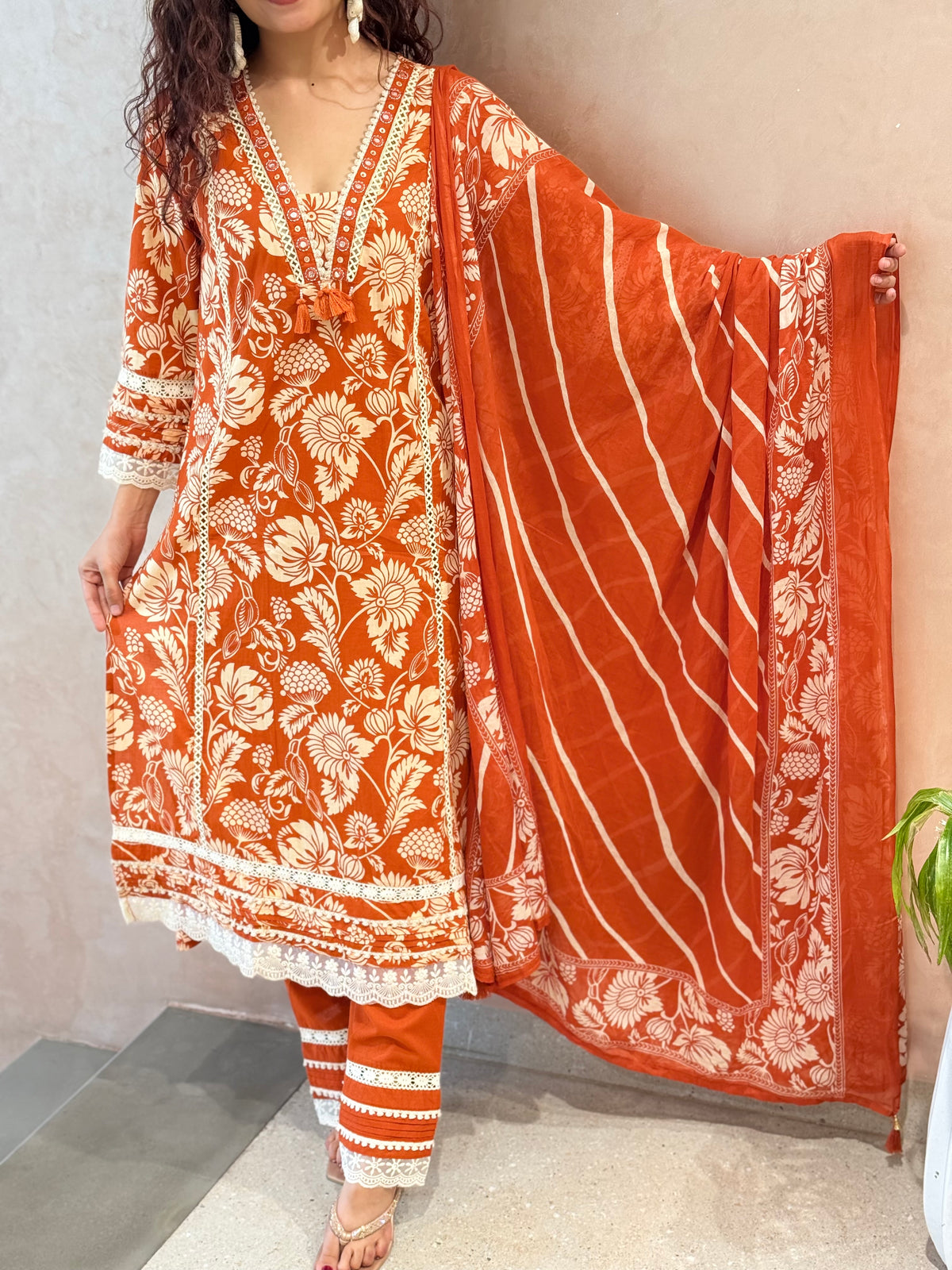 Rust colour V Nayak white thread mirror work 3 piece cotton set 