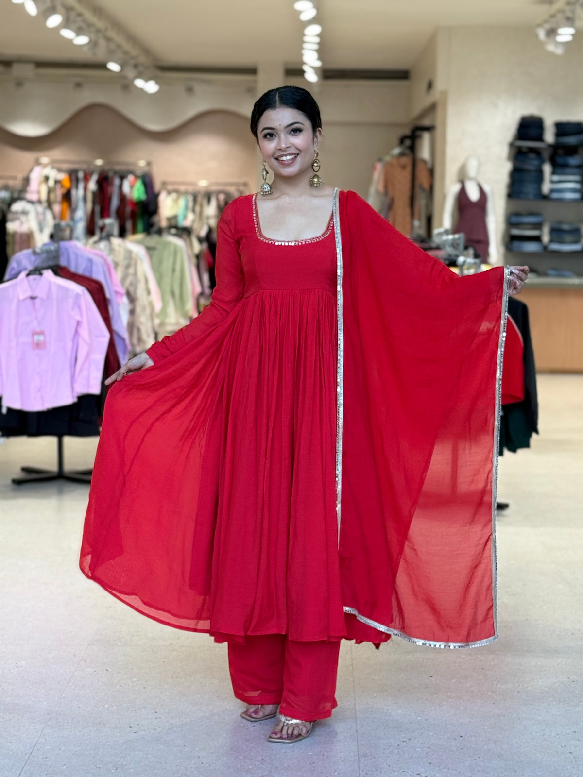 Red Mul Chanderi Anarkali Suit with Handwork Neckline