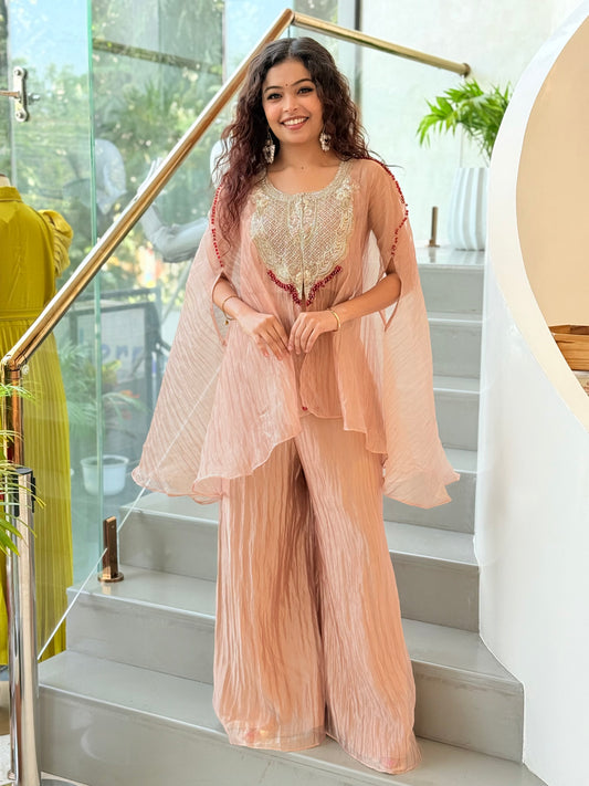 cape-style Indo-Western kaftan set with matching wide-leg palazzo