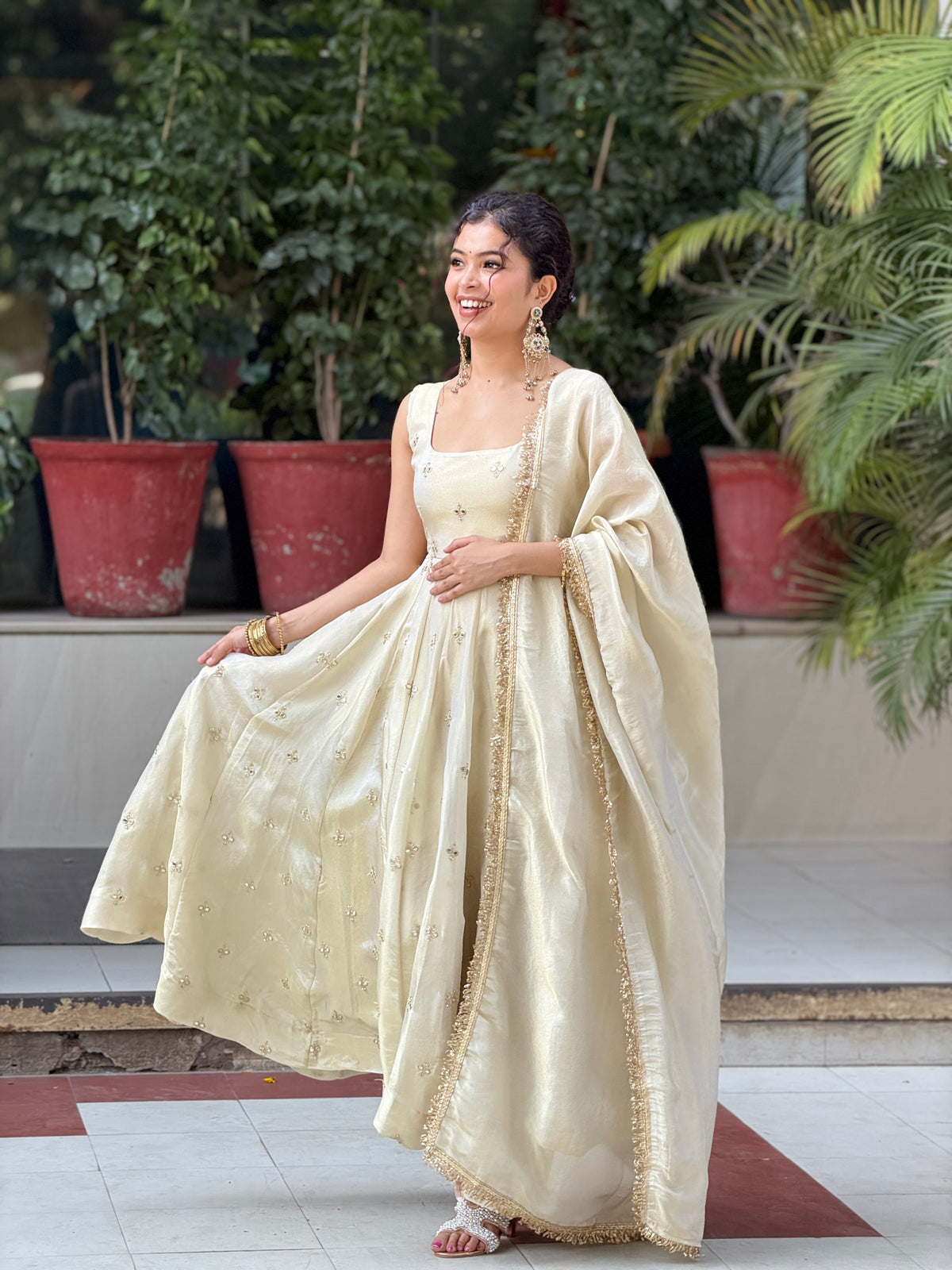 Off white anarkali suit set