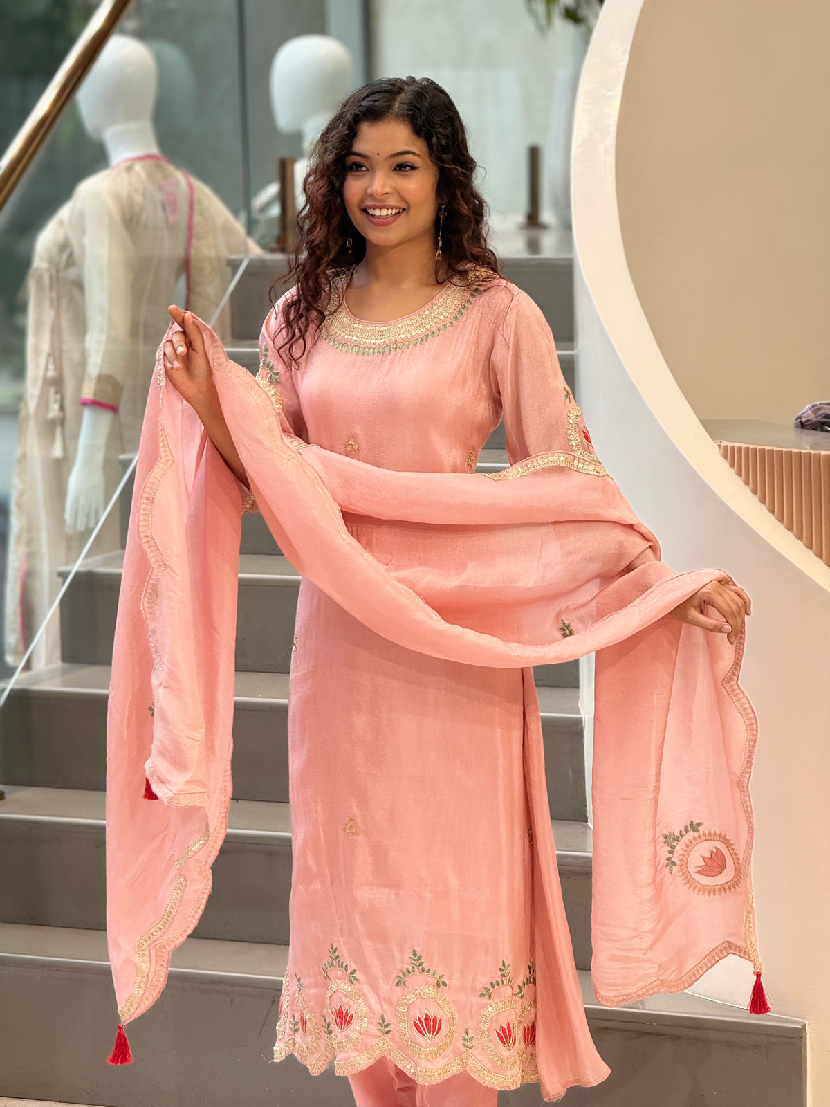 Peach Embroidered Handwork  Suit Set with Dupatta