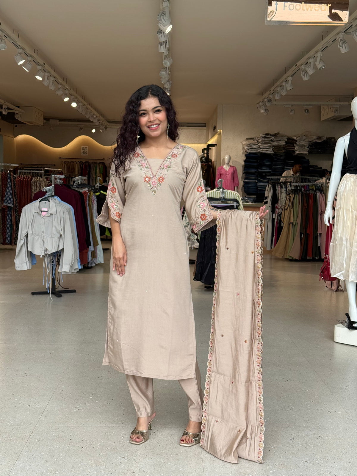 3 piece neck embroidered suit set