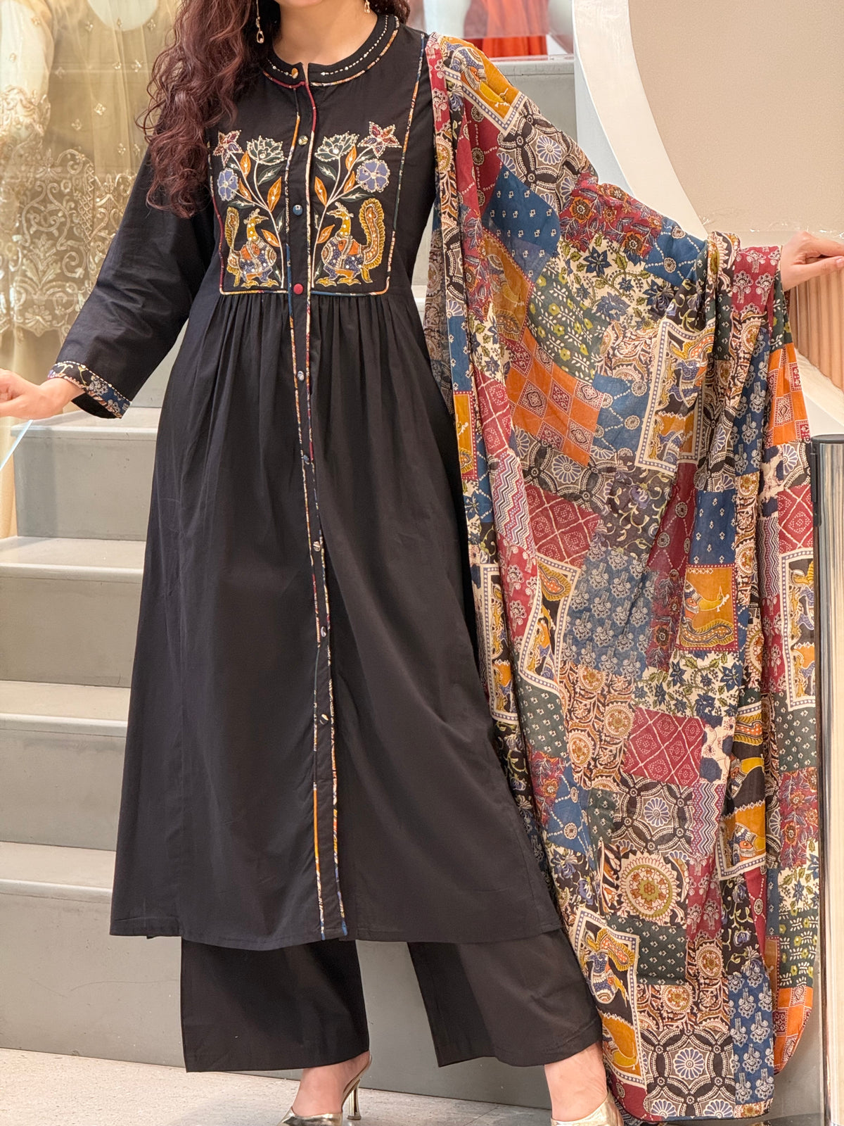 Midnight Black cotton Embroidered Kurta Set with Printed Dupatta