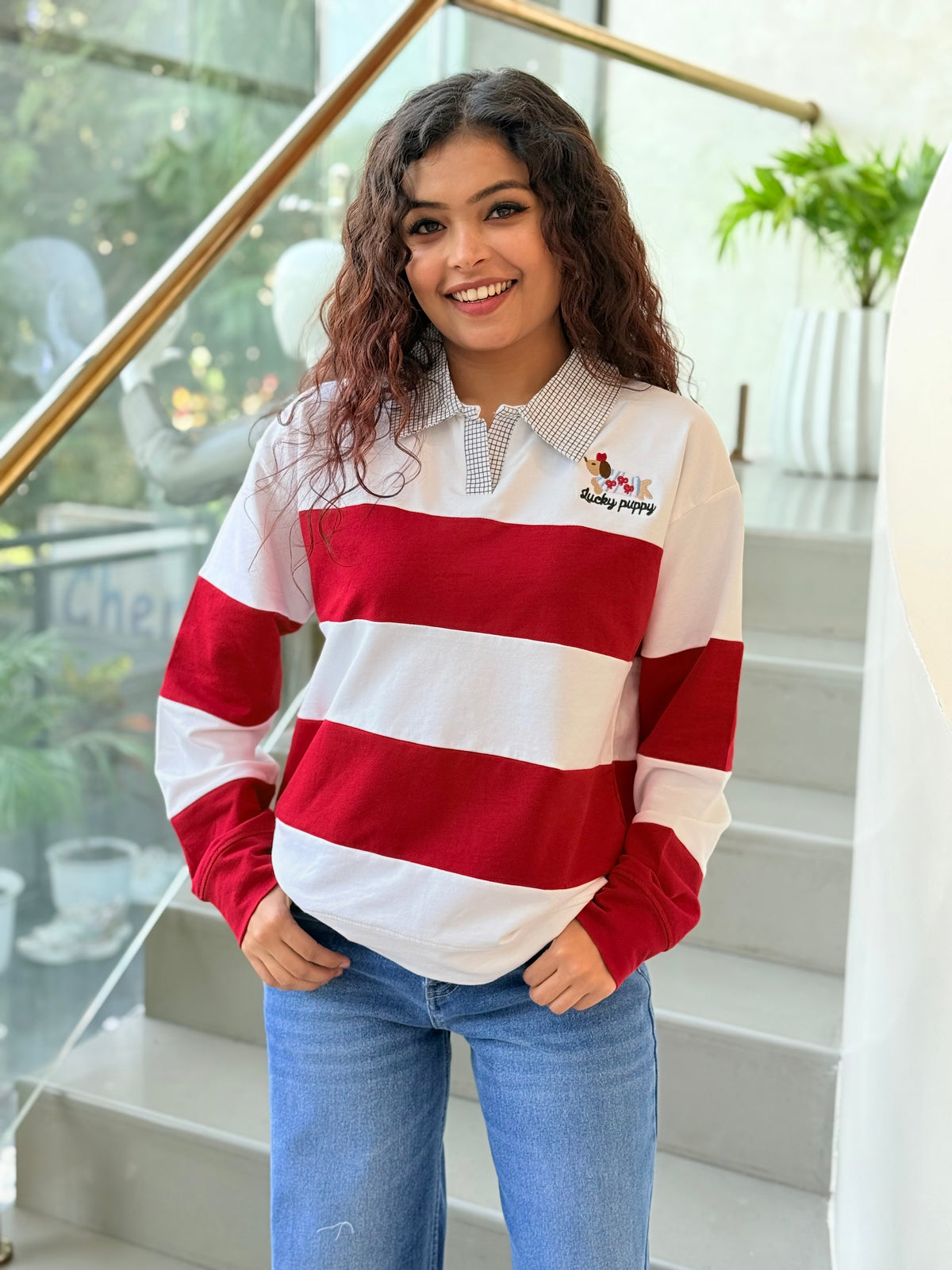 white striped polo sweatshirt checkered collar