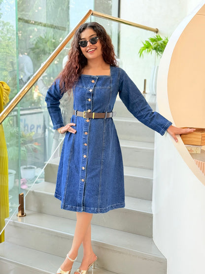 Denim square neck full sleeves midi dress