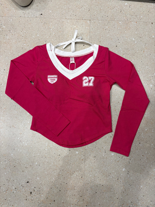 Tie-Up Padded Crop Top – Long Sleeve V-Neck Tee