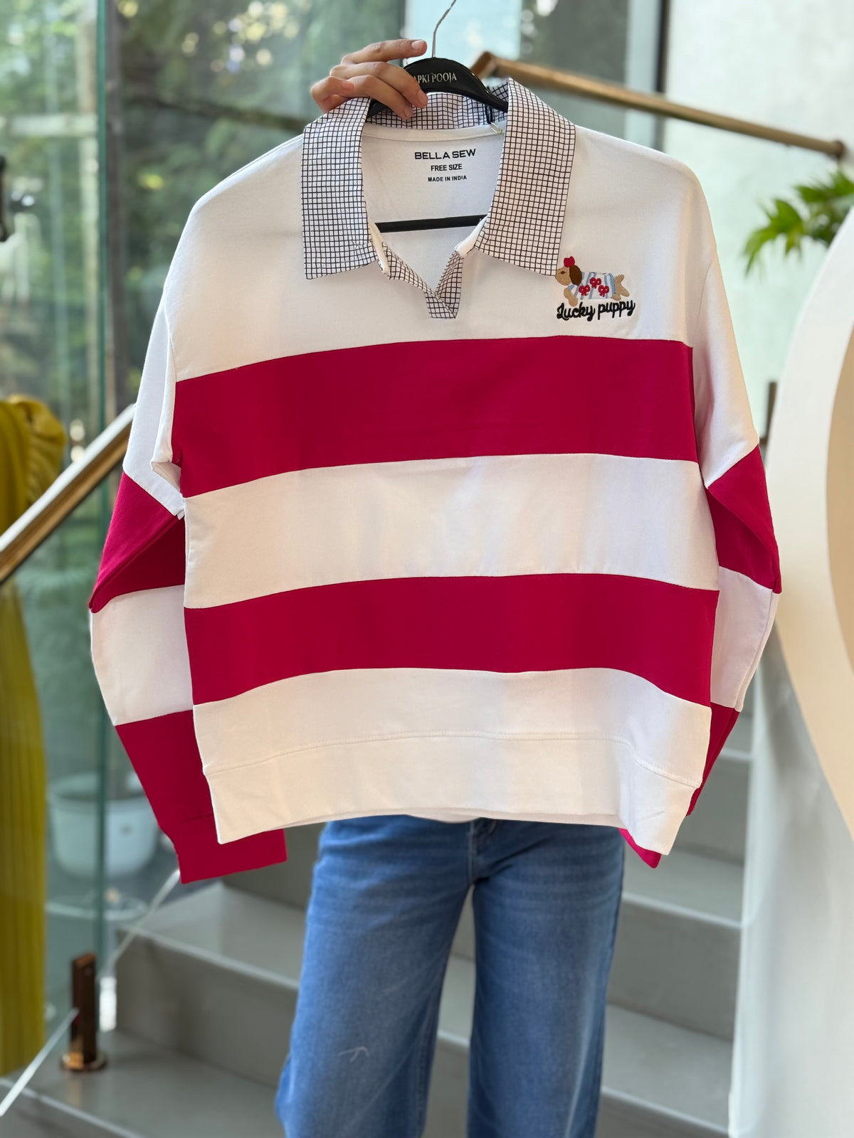 white striped polo sweatshirt checkered collar