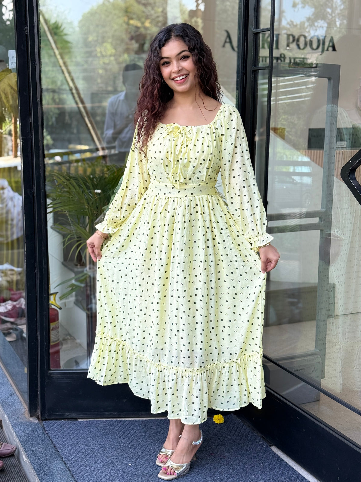 Lemon Yellow Ditsy Floral Print Maxi Dress