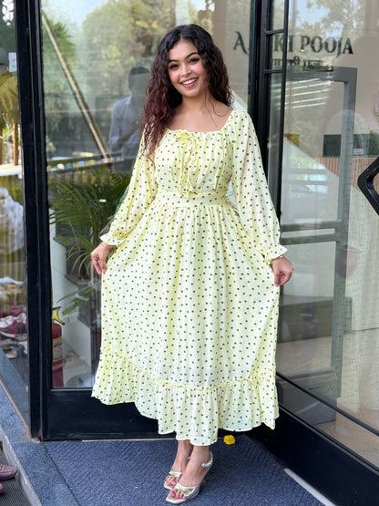 Lemon Yellow Ditsy Floral Print Maxi Dress