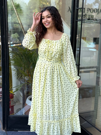 Lemon Yellow Ditsy Floral Print Maxi Dress