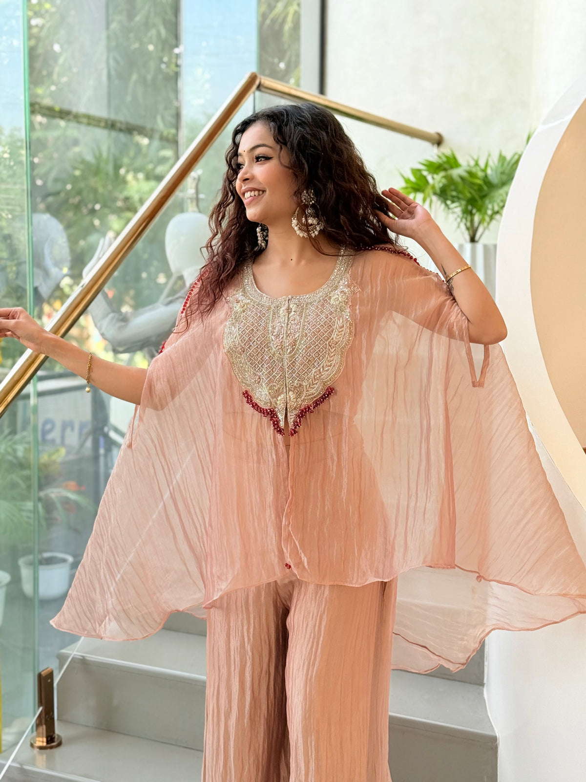 cape-style Indo-Western kaftan set with matching wide-leg palazzo