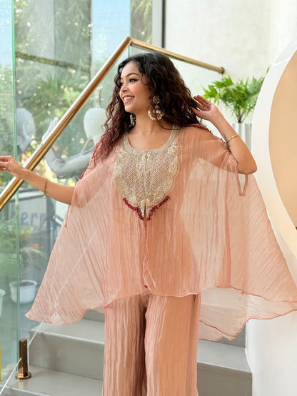 cape-style Indo-Western kaftan set with matching wide-leg palazzo