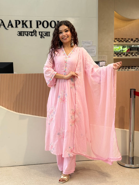 Pink A - line 3piece set suit v nack
