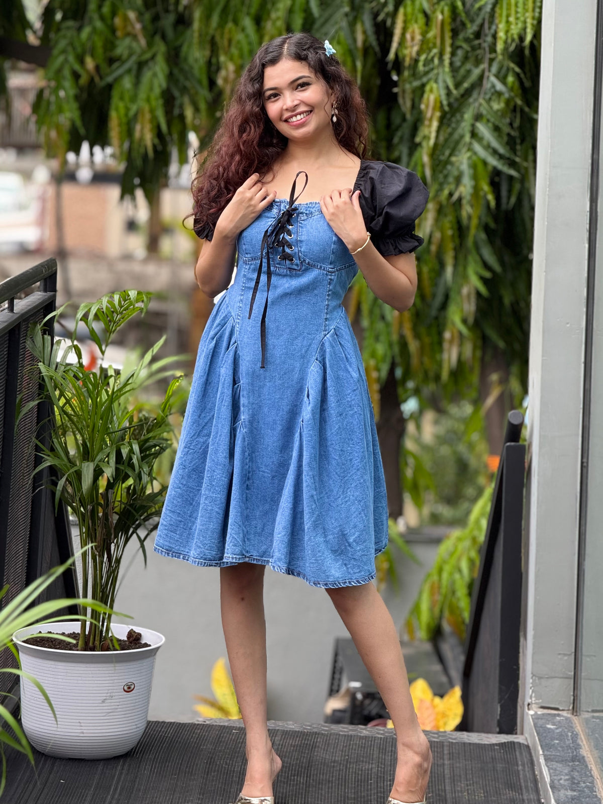 Denim Dress with Puff Sleeves