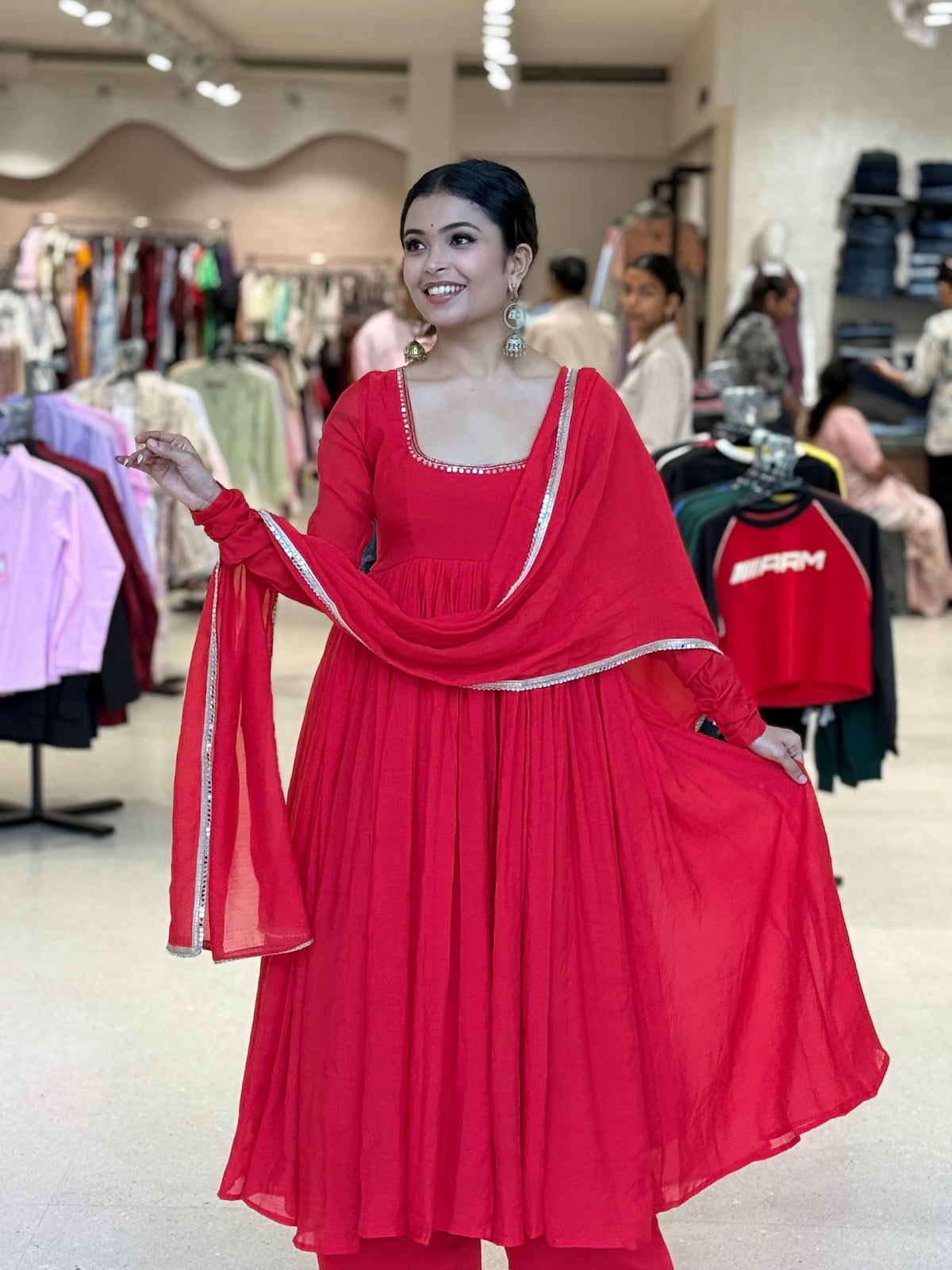 Red Mul Chanderi Anarkali Suit with Handwork Neckline