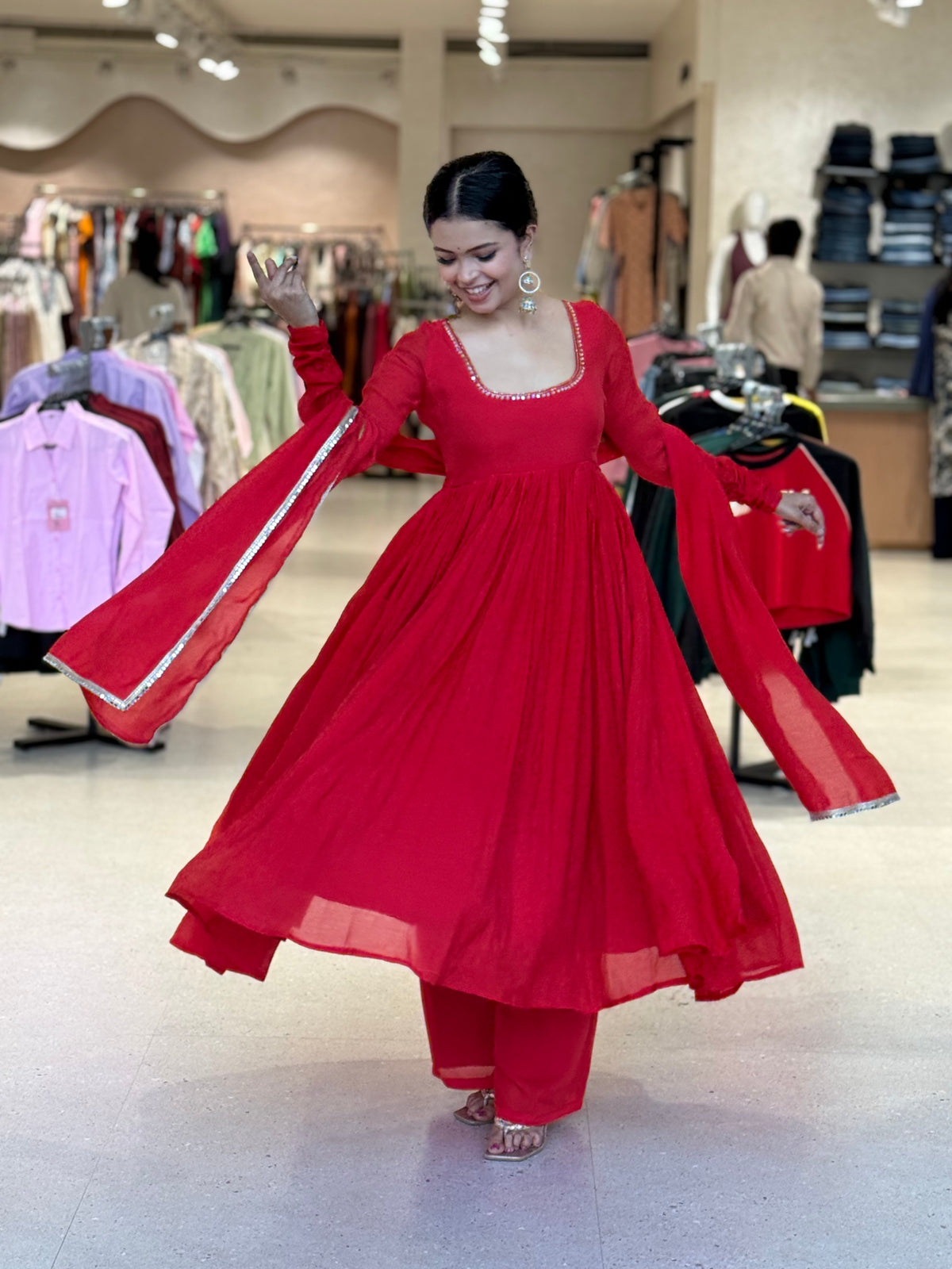 Red Mul Chanderi Anarkali Suit with Handwork Neckline