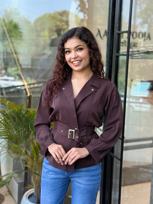 Mocha Muse Belted Top  full sleeves