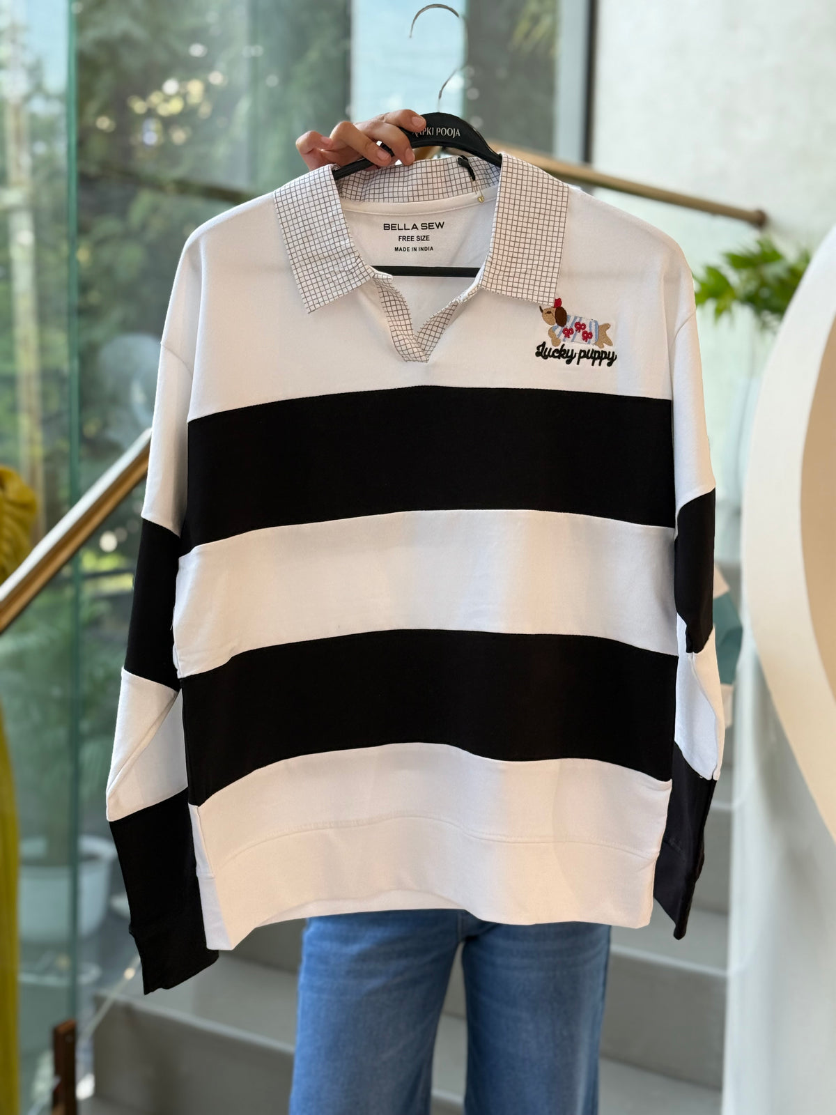 white striped polo sweatshirt checkered collar