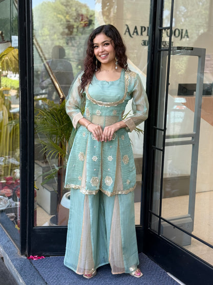 green and gold embroidered kurta with sharara set 3 piece set