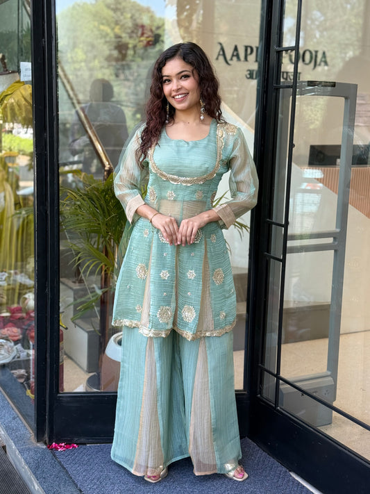 green and gold embroidered kurta with sharara set 3 piece set
