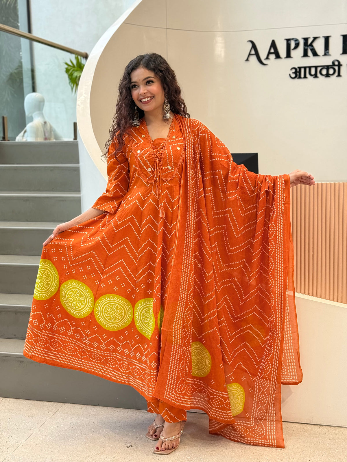 Cotton Chunari print V nack mirror  3 piece set suit set siut