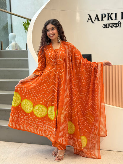 Cotton Chunari print V nack mirror  3 piece set suit set siut