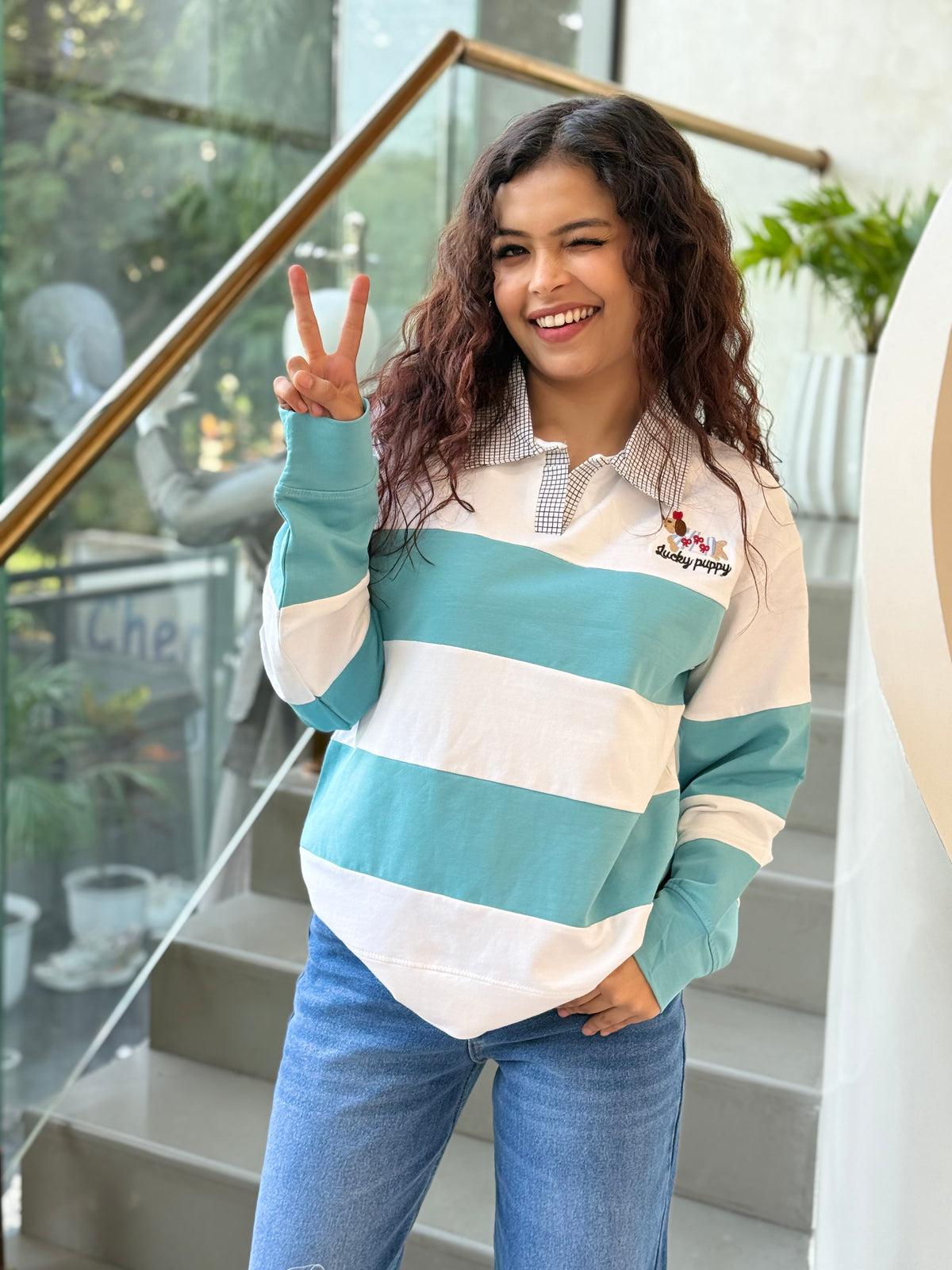 white striped polo sweatshirt checkered collar
