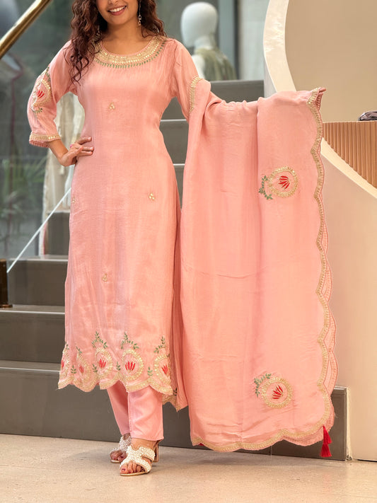 Peach Embroidered Handwork Suit Set with Dupatta