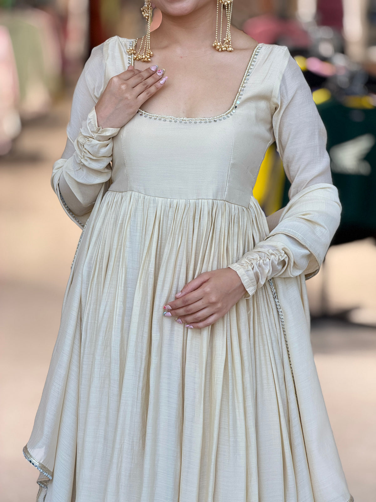 Mul Chanderi Anarkali Suit with Handwork Neckline