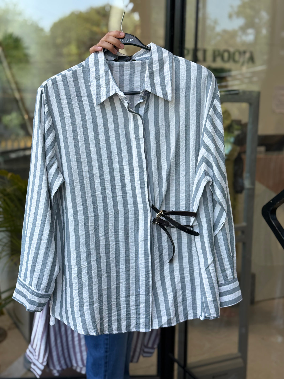 “Blush Pink & White Striped Oversized Shirt