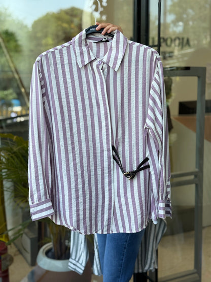 “Blush Pink & White Striped Oversized Shirt