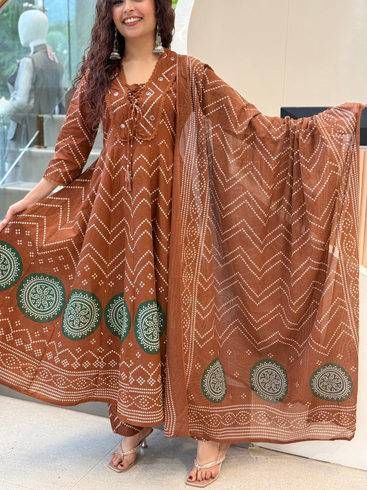 Cotton Chunari print V nack mirror  3 piece set suit set siut