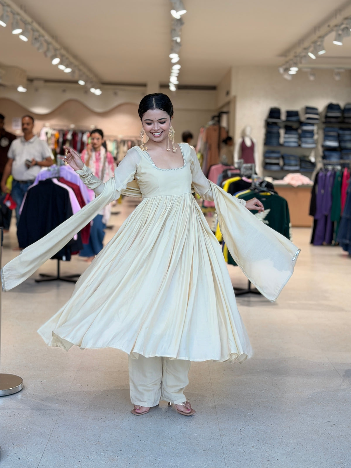 Mul Chanderi Anarkali Suit with Handwork Neckline