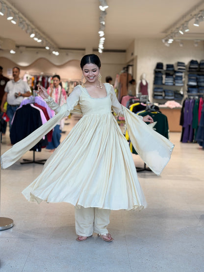 Mul Chanderi Anarkali Suit with Handwork Neckline
