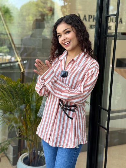 “Blush Pink & White Striped Oversized Shirt